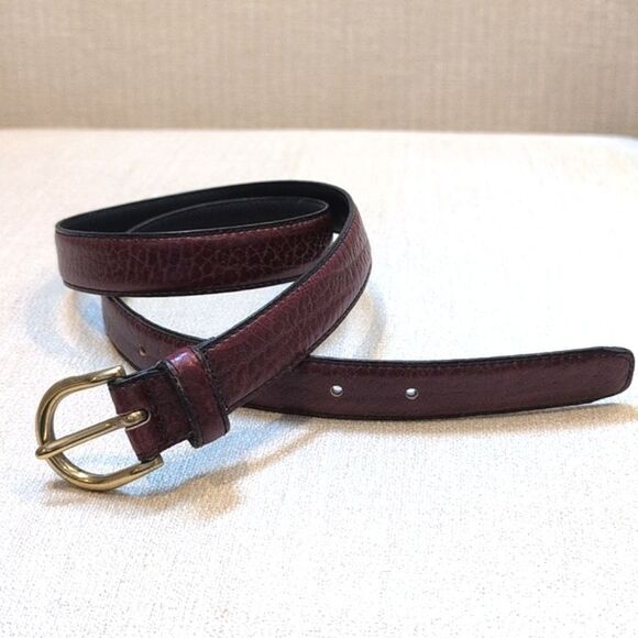Burgundy Full Grain Cowhide Leather Belt Brass Tone Buckle Size 32 - Picture 1 of 9